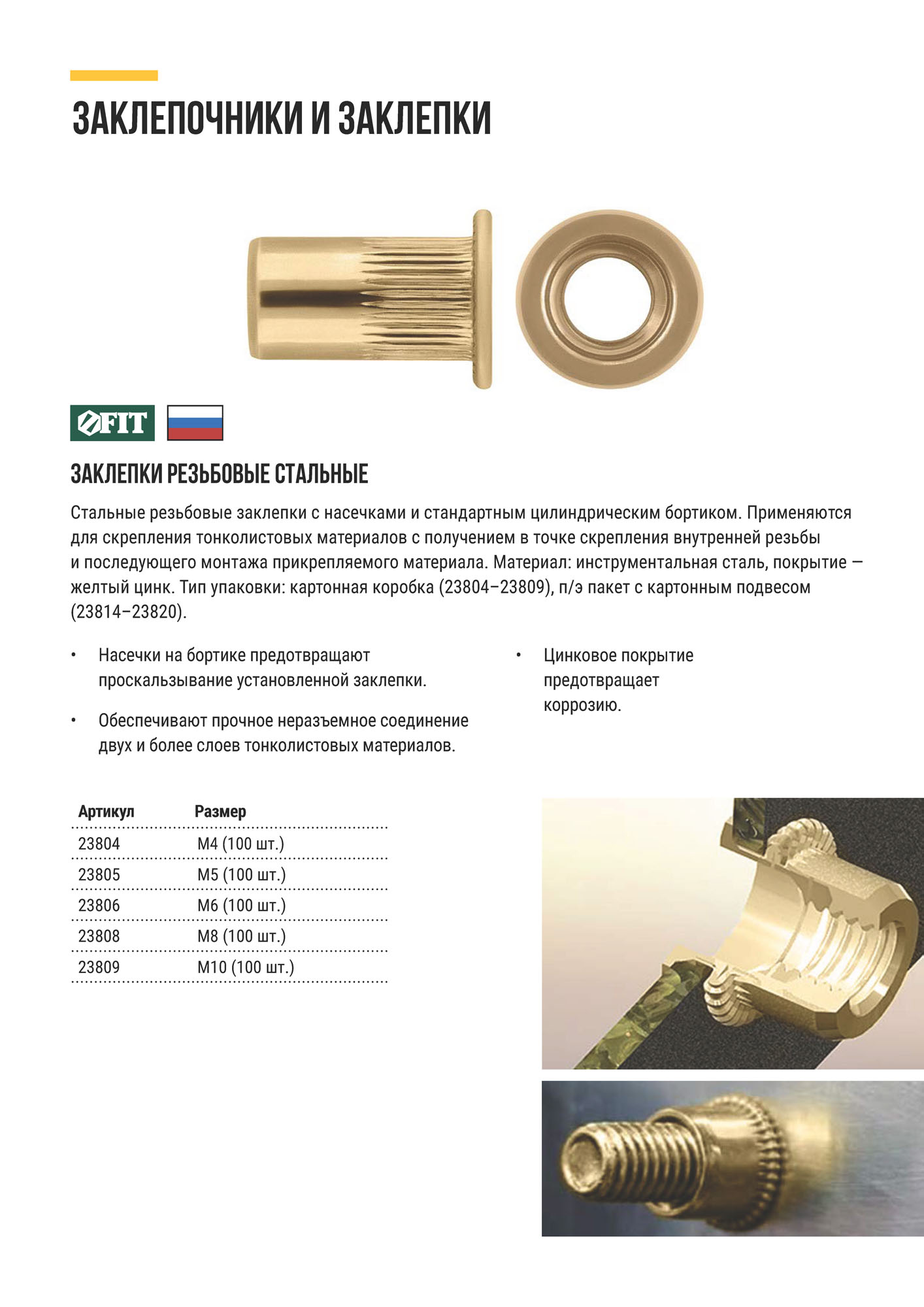 Заклепки резьбовые, стальные, стандартный бортик М4 100 шт. Пром