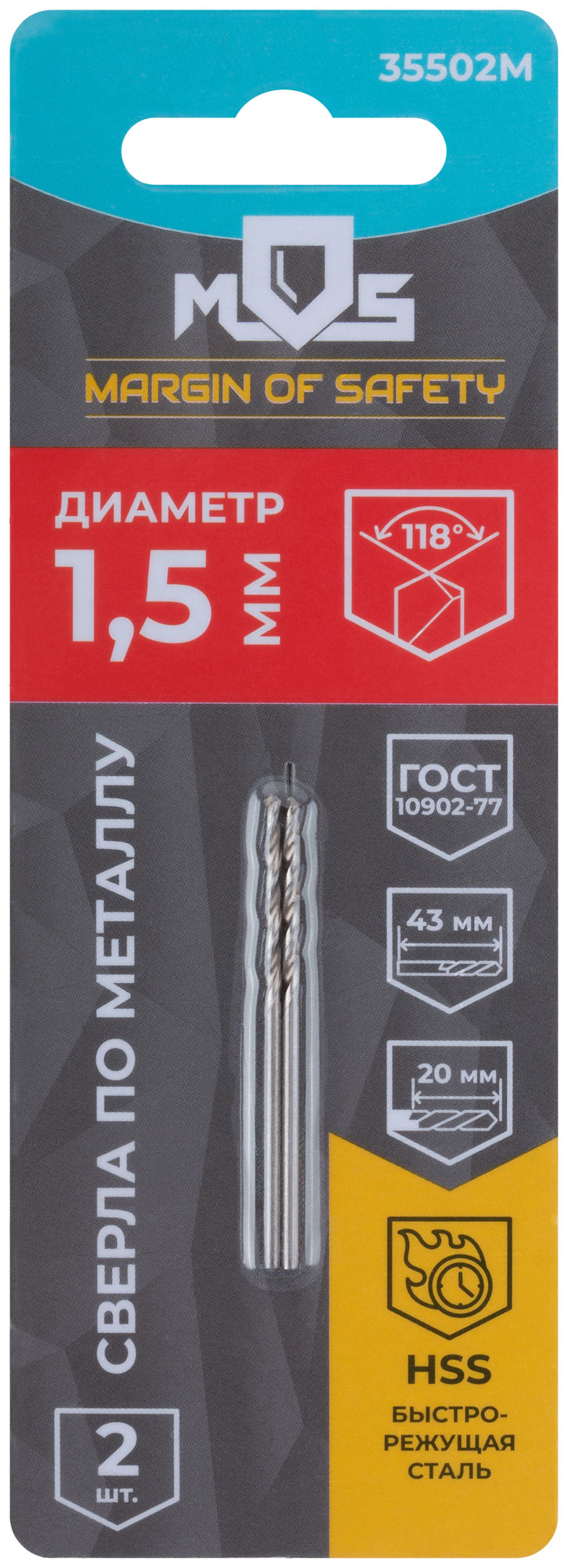 Сверла по металлу HSS в блистере, угол заточки 118°, 1,5 x 43 мм (2 шт.)