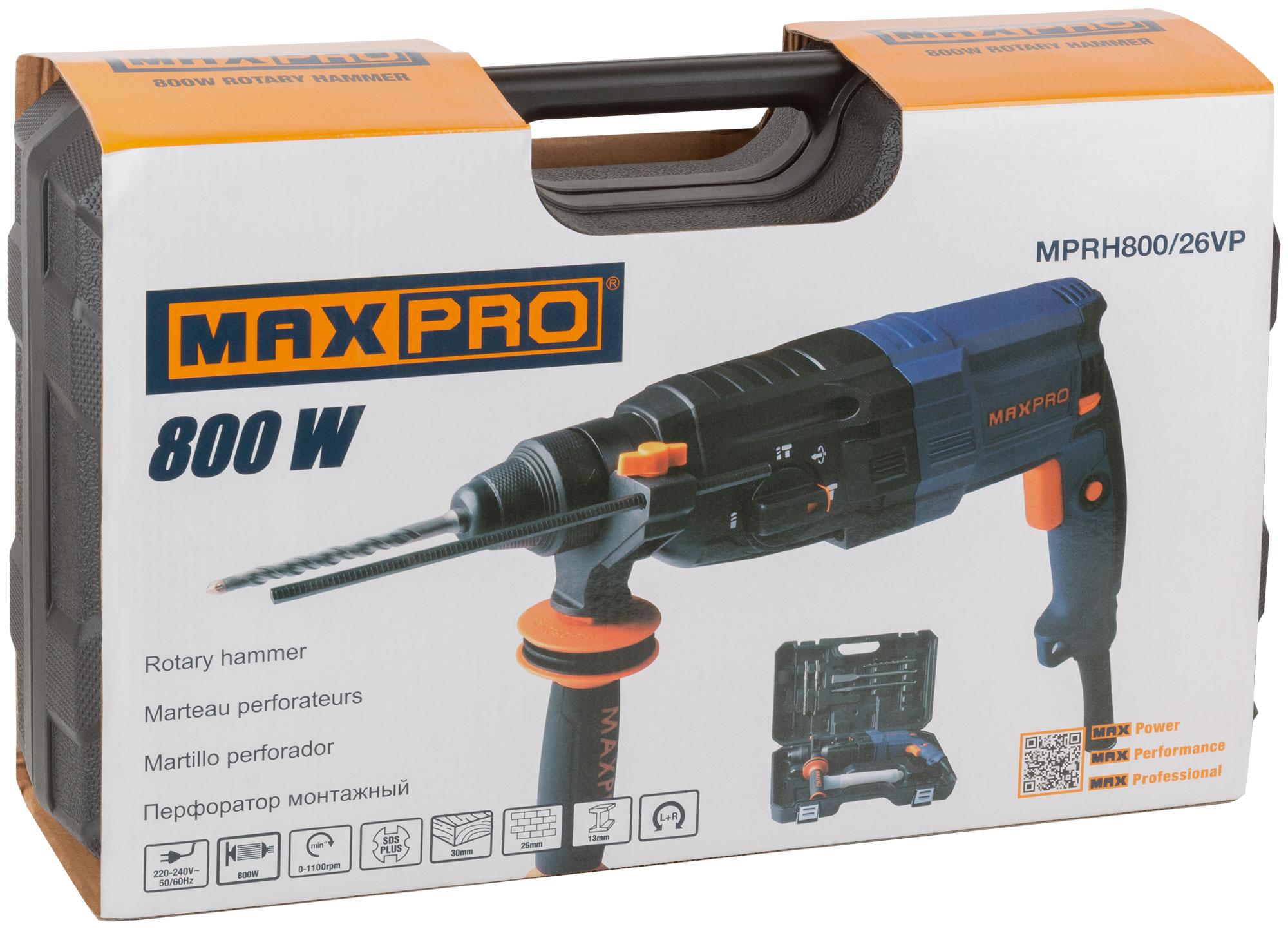 MAX-PRO Перфоратор монтажный 800 Вт; 0-1100 об/мин; 2,8 Дж; 3 режима; Д/Б/М-30/26/13; 3,4 кг; SDS-PLUS; антивибрационная ручка; резиновые вставки; рез