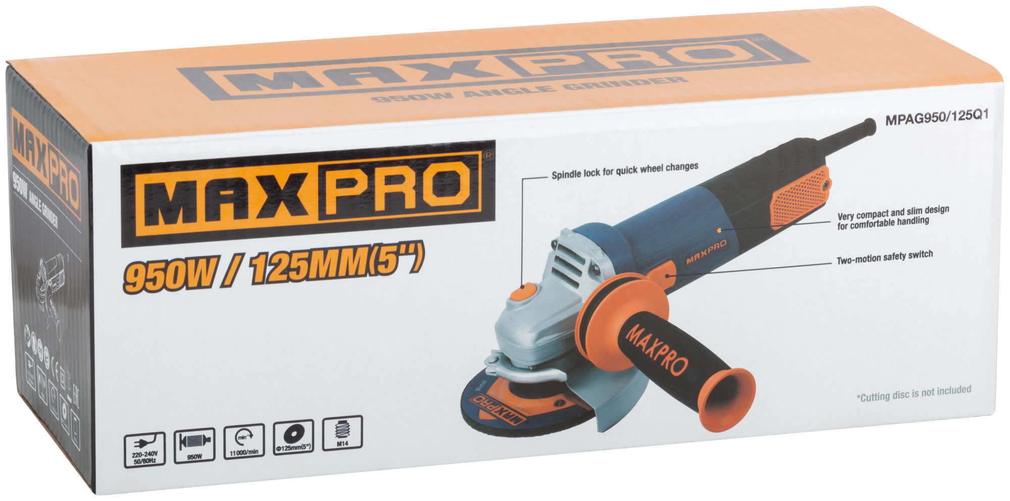 MAX-PRO Шлифмашина угловая 950 Вт; 11000 об/мин; быстрозажимной кожух 125 мм; антивибрационная ручка; дополнительные щетки; 2,1 кг; кор.