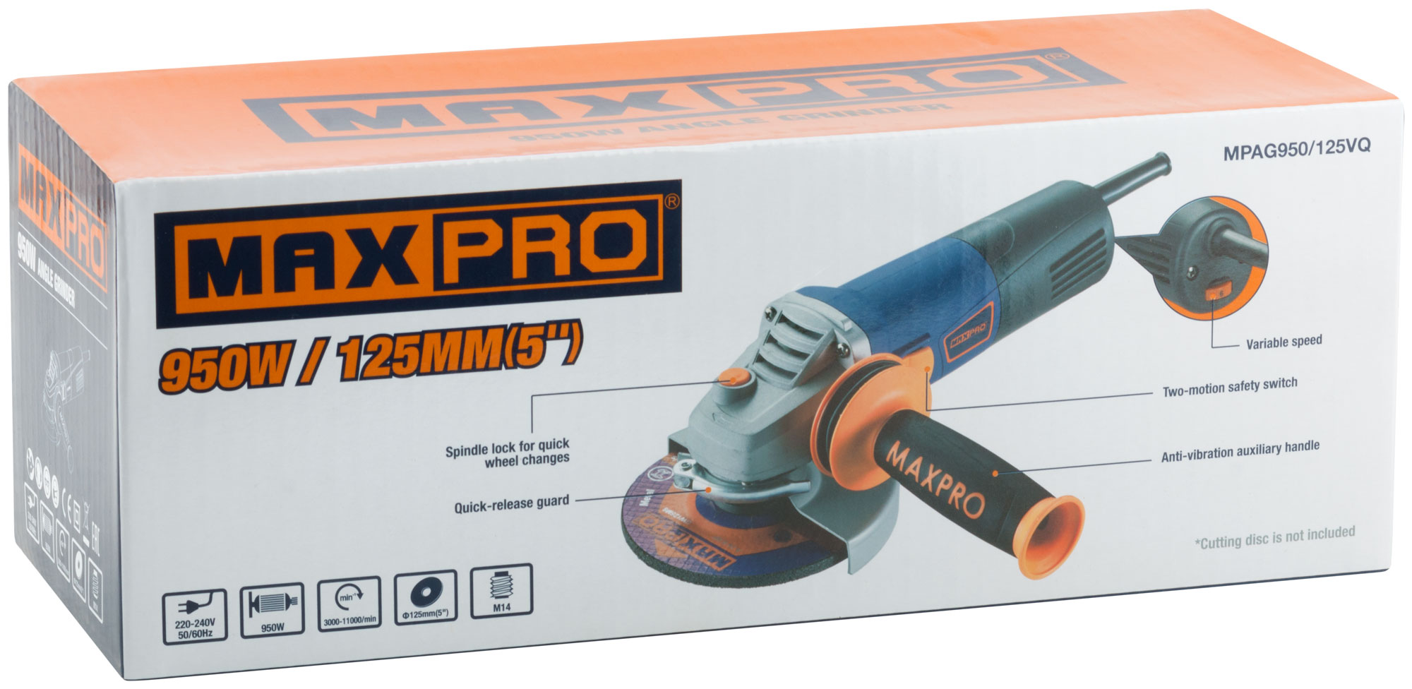 MAX-PRO Шлифмашина угловая 950 Вт; 3000-11000 об/мин; быстрозажимной кожух 125 мм; регулировка оборотов; антивибрационная ручка; дополнительные щетки;